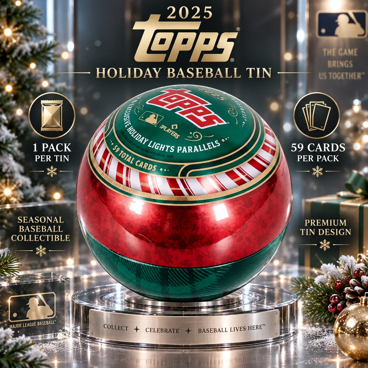2025 Topps Holiday Baseball Tin, 1 Pack Per Tin, 59 Cards Per Pack, Seasonal Sports Trading Cards for Holiday Collecting, Baseball Gift Ideas and Tin Collections