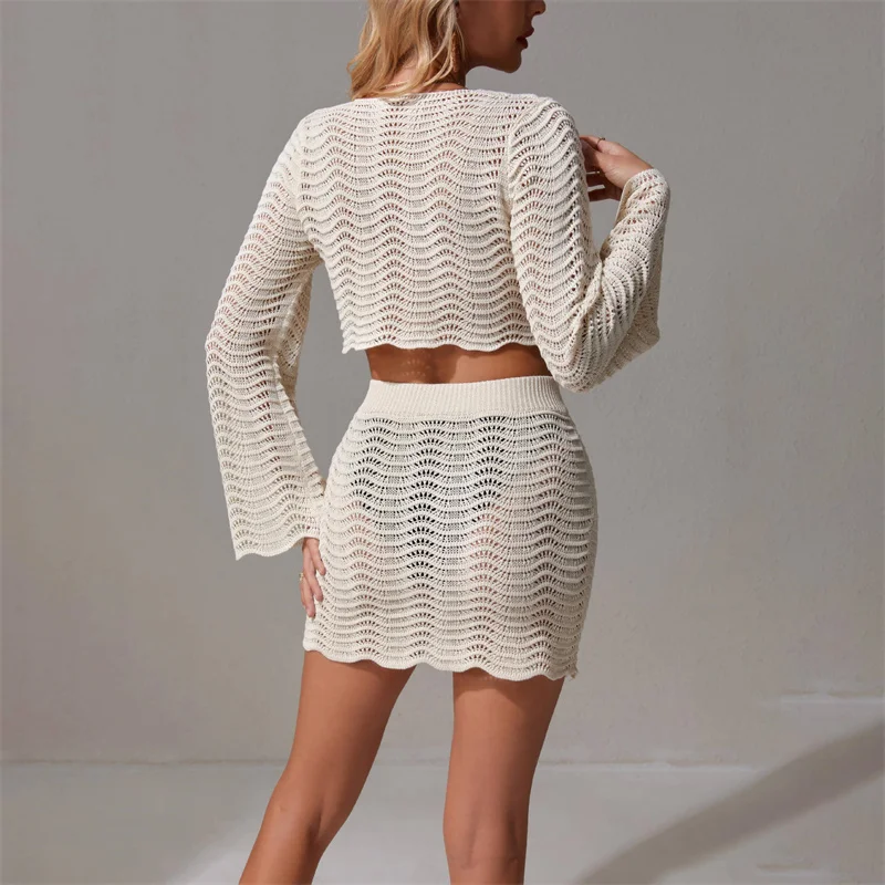 2 pezzi abito in maglia costumi da bagno donna sexy manica lunga scollata top corto e gonne a vita alta copricostume bikini all'uncinetto da spiaggia