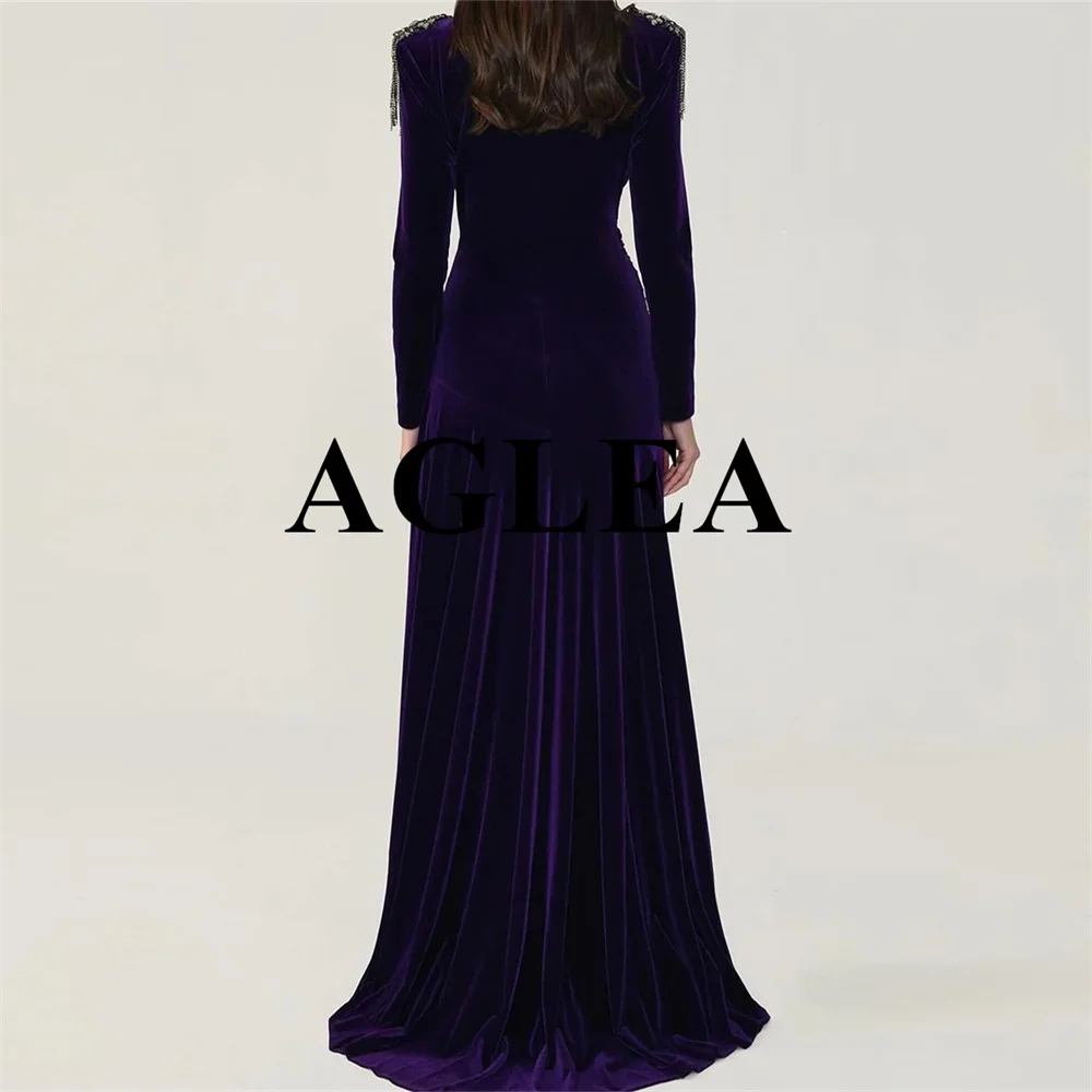 AGLEA 2024 Prom Dress Saudi Arabia Evening Dress Elegant V-neck A-line Floor Length Dresses Rhinestone Tassel Velour Customized