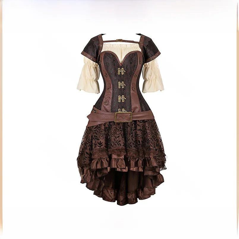Brązowa sukienka piracka Plus rozmiar skóra fxu Steampunk gorset do sukienki z bluzką na ramiączkach Cosplay kostium pirata dla kobiet — 2