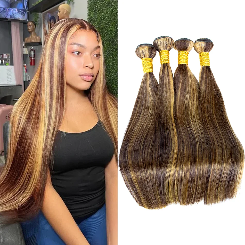 

P4/27 Straight Highlighted Human Hair Bundles 12A Honey Brown Hair Weaves 3 4Bundle Deals Virgin Hair Extension for Ponytails
