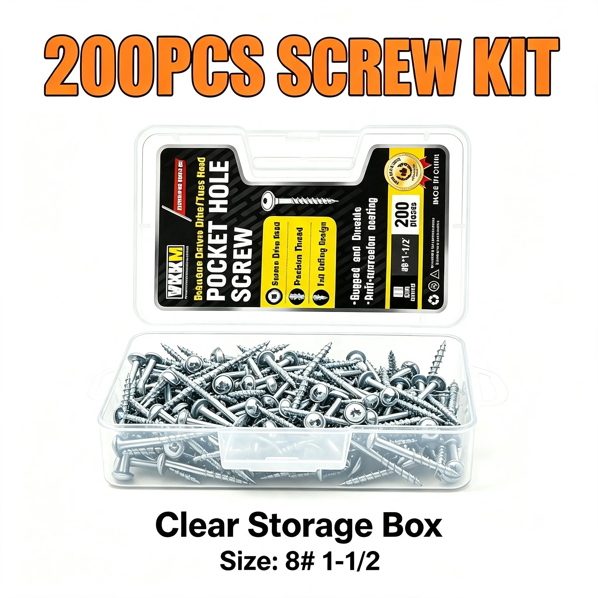 VKKM 200Pcs #8 x 1-1/2 Inch Pocket Hole Screws, Robertson Square Drive Truss Head Coarse Thread Self-Tapping Wood Joint Screws, Zinc Anti-Rust Coated Woodworking Fasteners with Free 150mm Square Drive Bit