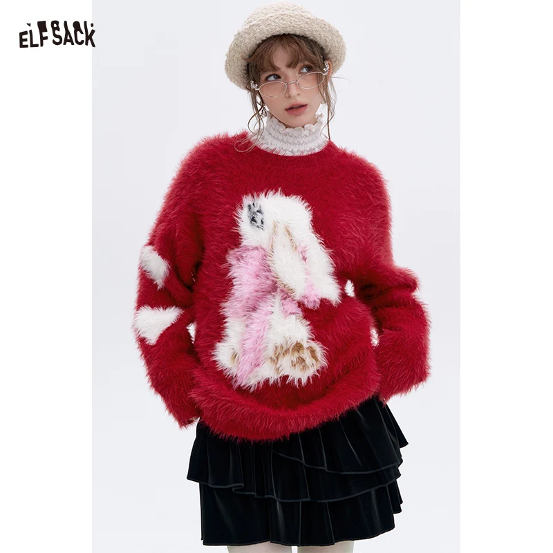 

ELFSACK 2024 Winter New Arrivals Burgundy Heart Cartoon Rabbit Crewneck Sweater Women