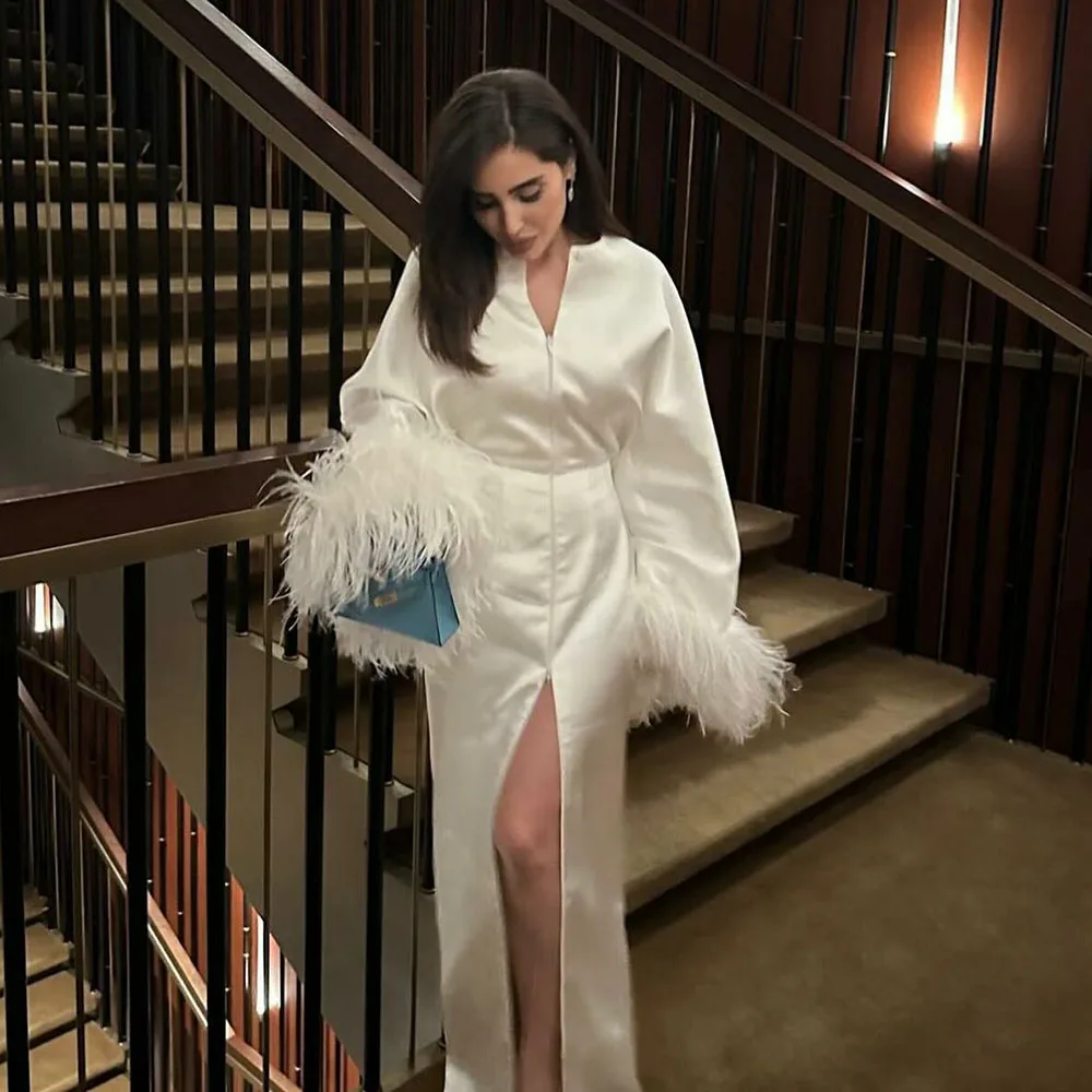 Dubai Elegant Evening Dresses Night Party Gowns Side Split Puff Sleeves Feathers Special Occasion Wedding Banquet Guest Dress