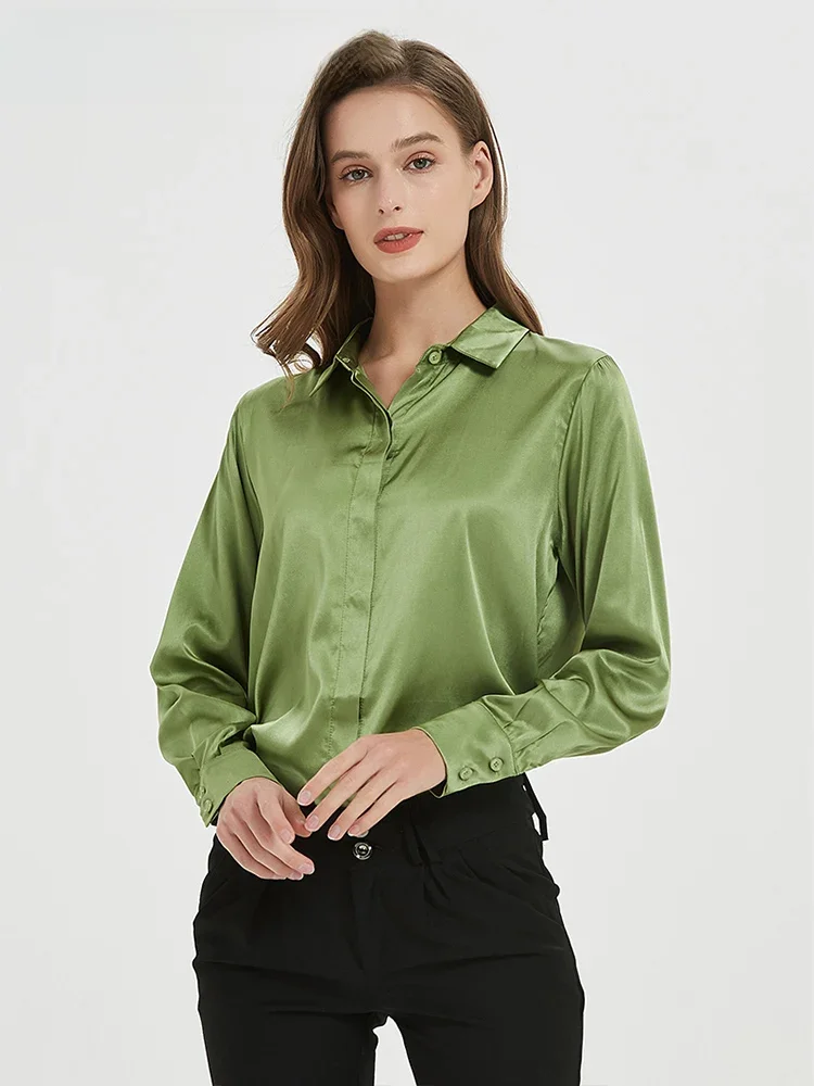 SuyaDream Woman Solid Shirts 93% Real Silk 7% Spandex Long Sleeves Chic Blouses, 2025 Spring Autumn Office Lady Top — zdjęcie 2