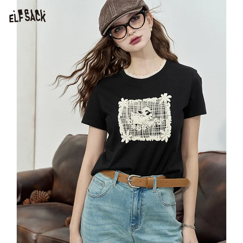 

Черная футболка ELFSACK в стиле ретро с кружевной нашивкой в виде олененка, милая эстетичная футболка с графическим принтом для женщин, тонкий топ с круглым вырезом в стиле кокетка для лета