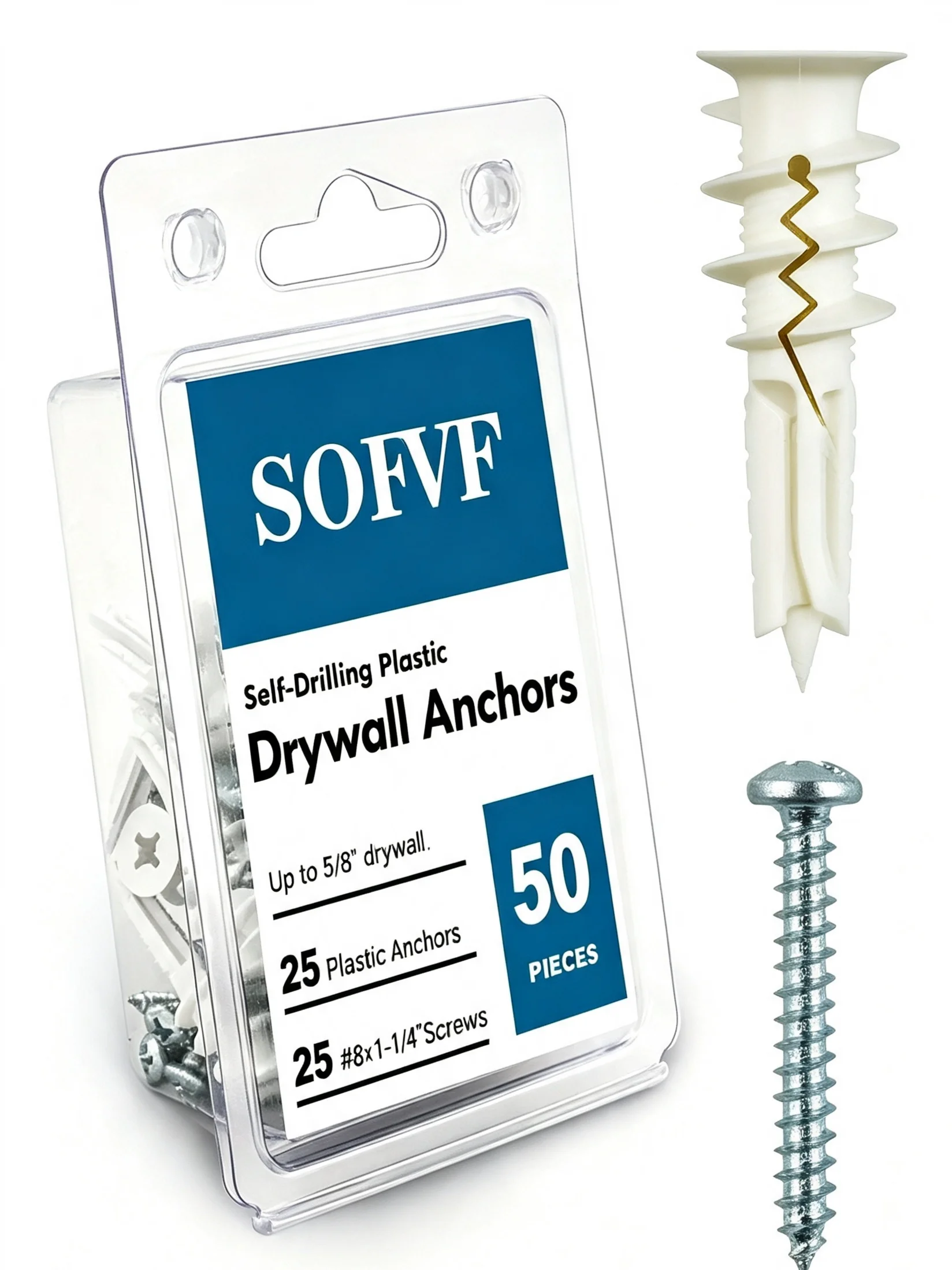 VKKM Drywall Plastic Expansion Anchors & Screws Set 50Pcs Self Drilling Wall Fasteners