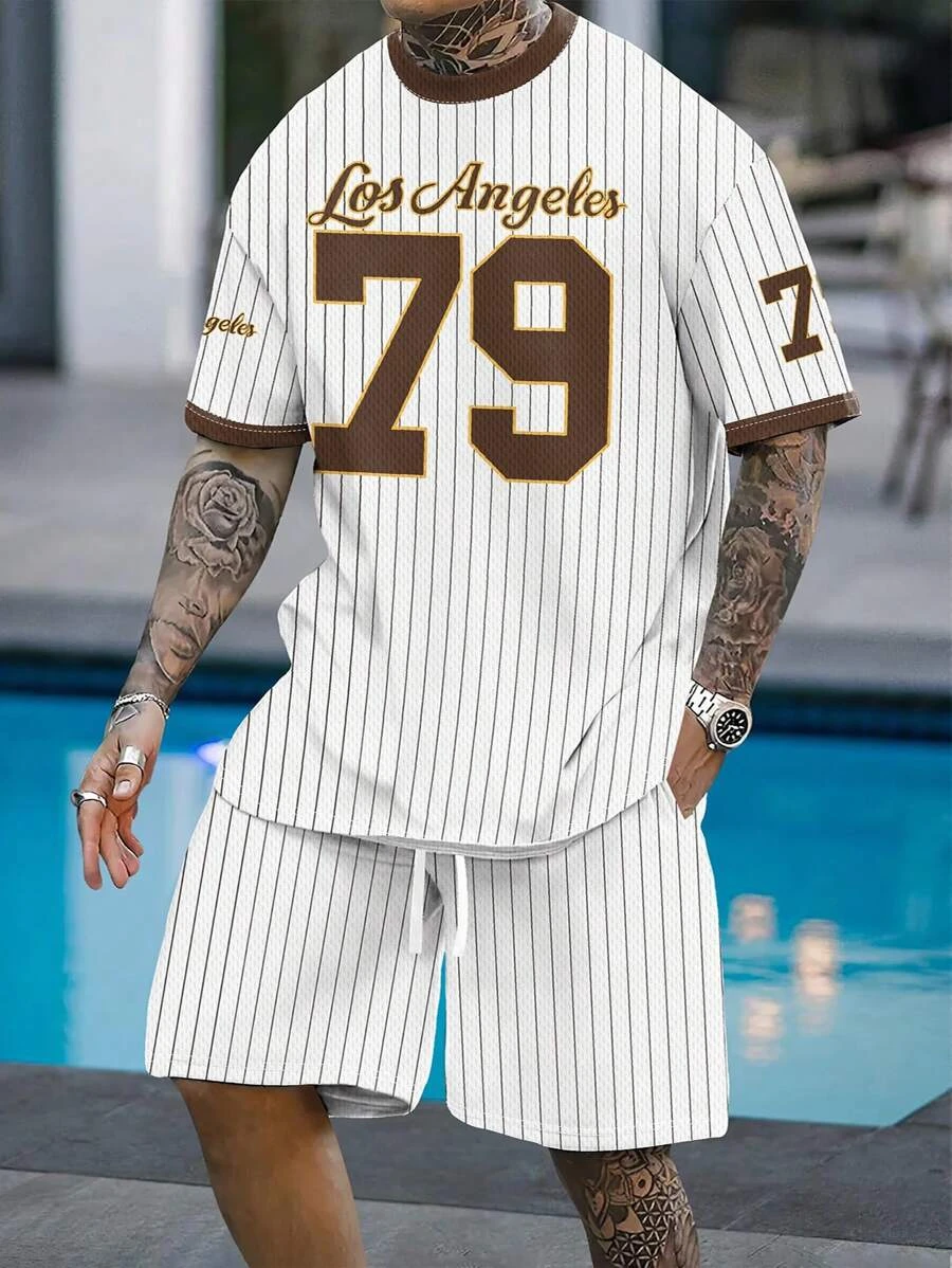 

Men's Los Angeles Print Short Sleeve T-Shirt & Shorts Set Round Neck Gradient Short Sleeved Women's T-shirt Shorts Set