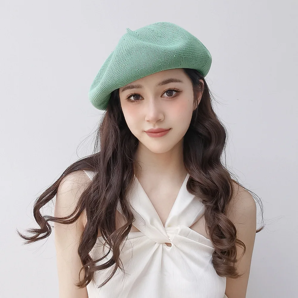 Women's beret fashion solid color spring new Korean style simple drawstring adjustable breathable beret