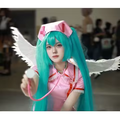 Anime Mikuku Cosplay Pink Nurse Dress Women Uniform With Hat Socks Wing Stethoscope Halloween Party Costume Wig