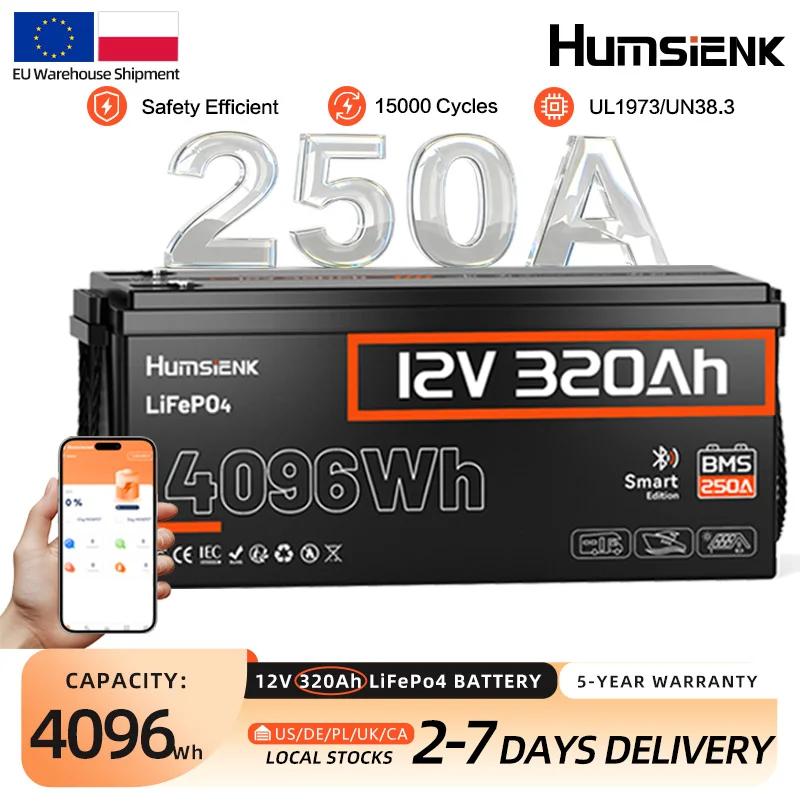 Humsienk LiFePO4 Batterie 12V 320Ah 4096Wh Deep-Cycle-Akkus mit A+ Zellen und 250A BMS Bluetooth-Überwachung für Wohnmobile/Yachten/Camping/Off-Grid-Anwendungen