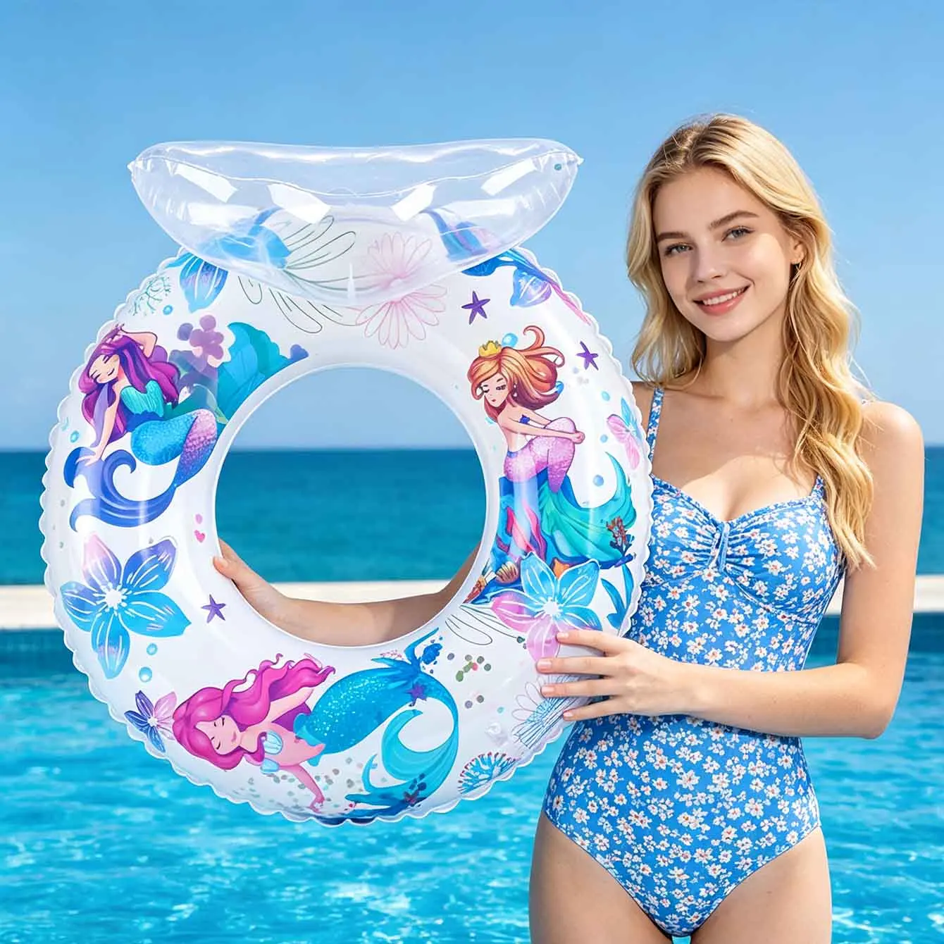 1PC Mermaid Inflatable Swim Ring Pool Float Durable PVC Comfortable Seat Summer Beach Swimming Pool Toy Ring
