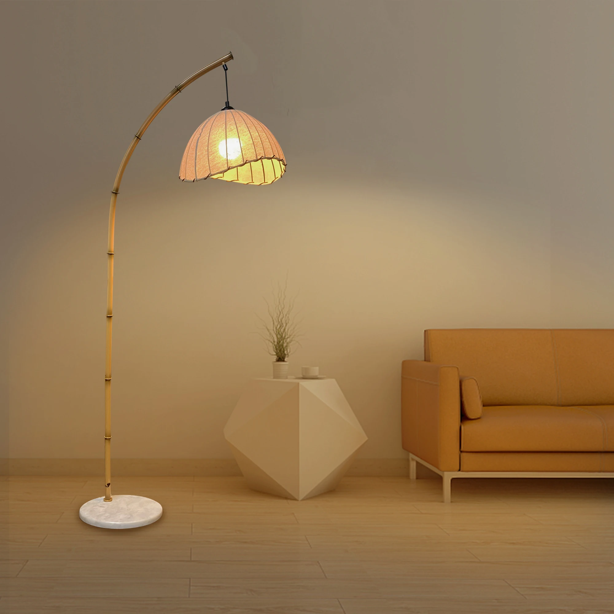 Bamboo Floor Lamp Bohemian Hanging Arc Floor Lamp with 3 Color Temperatures Linen Lampshade Standing Lamps Antique Rattan Style