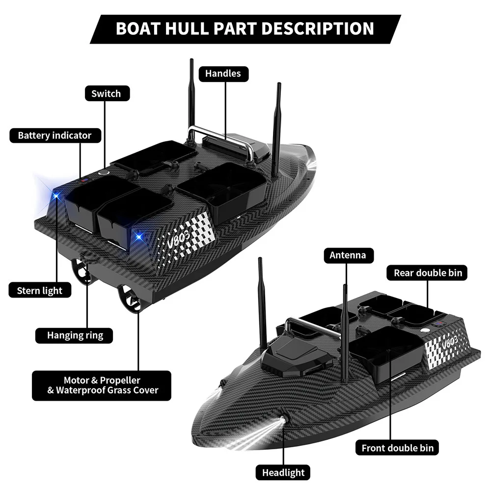 Flytec V803 Pro Eingebautes Sonar-Fischfinder-GPS-Köderboot 24000 mAh RC-Angelköderboot mit zwei Akkus 4 Angelpunkte 3 kg maximale Belastung – Detail 19