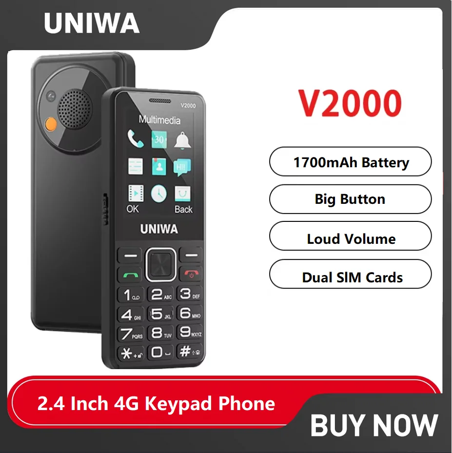 Unwa v2000 2.4 Polegada 4g teclado telefone 0.3mp câmera botão grande 1700mah inglês rússia teclado recurso telefone celular para idosos