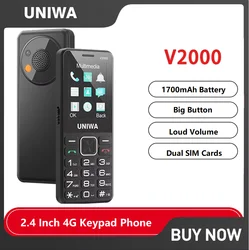 UNIWA V2000 2.4 pollici 4G tastiera telefono fotocamera da 0.3MP pulsante grande 1700mAh inglese Russia tastiera caratteristica telefono cellulare per anziani