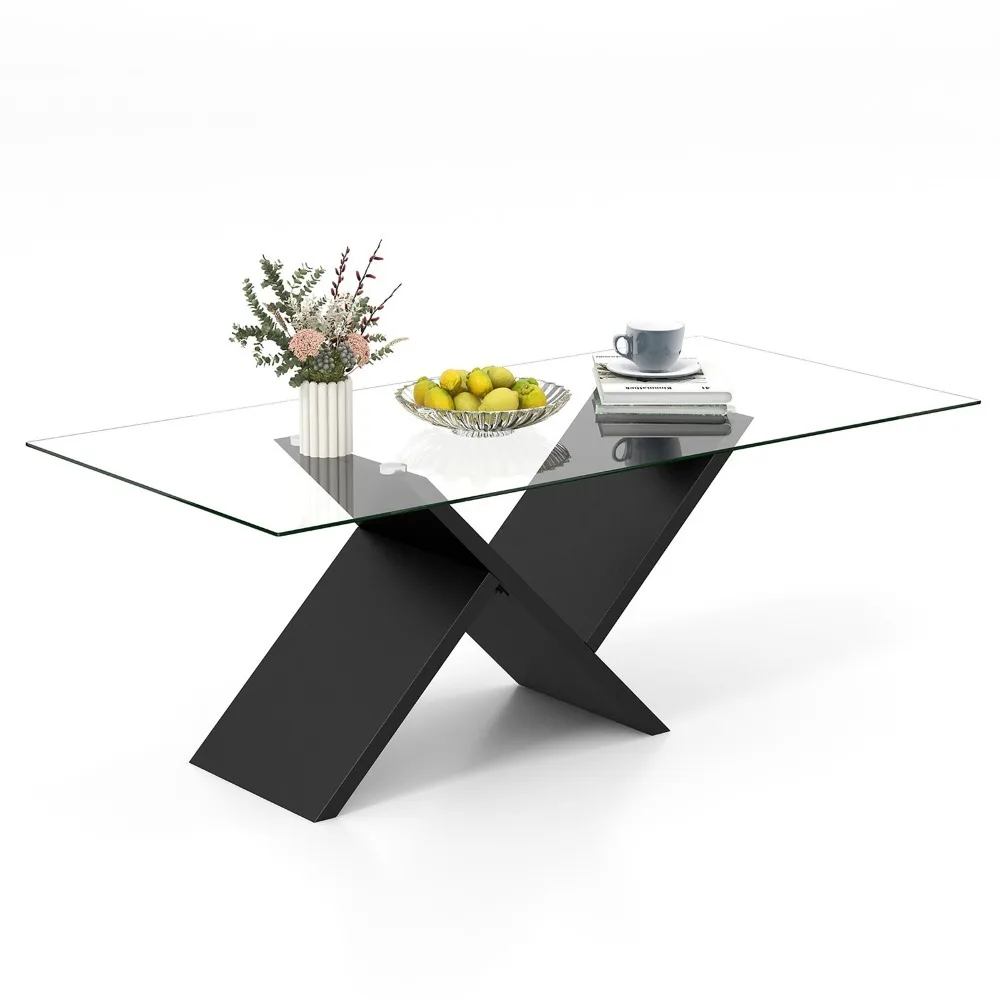 

47'' Rectangle Glass Coffee Table w/ Tempered Glass Tabletop & Geometric