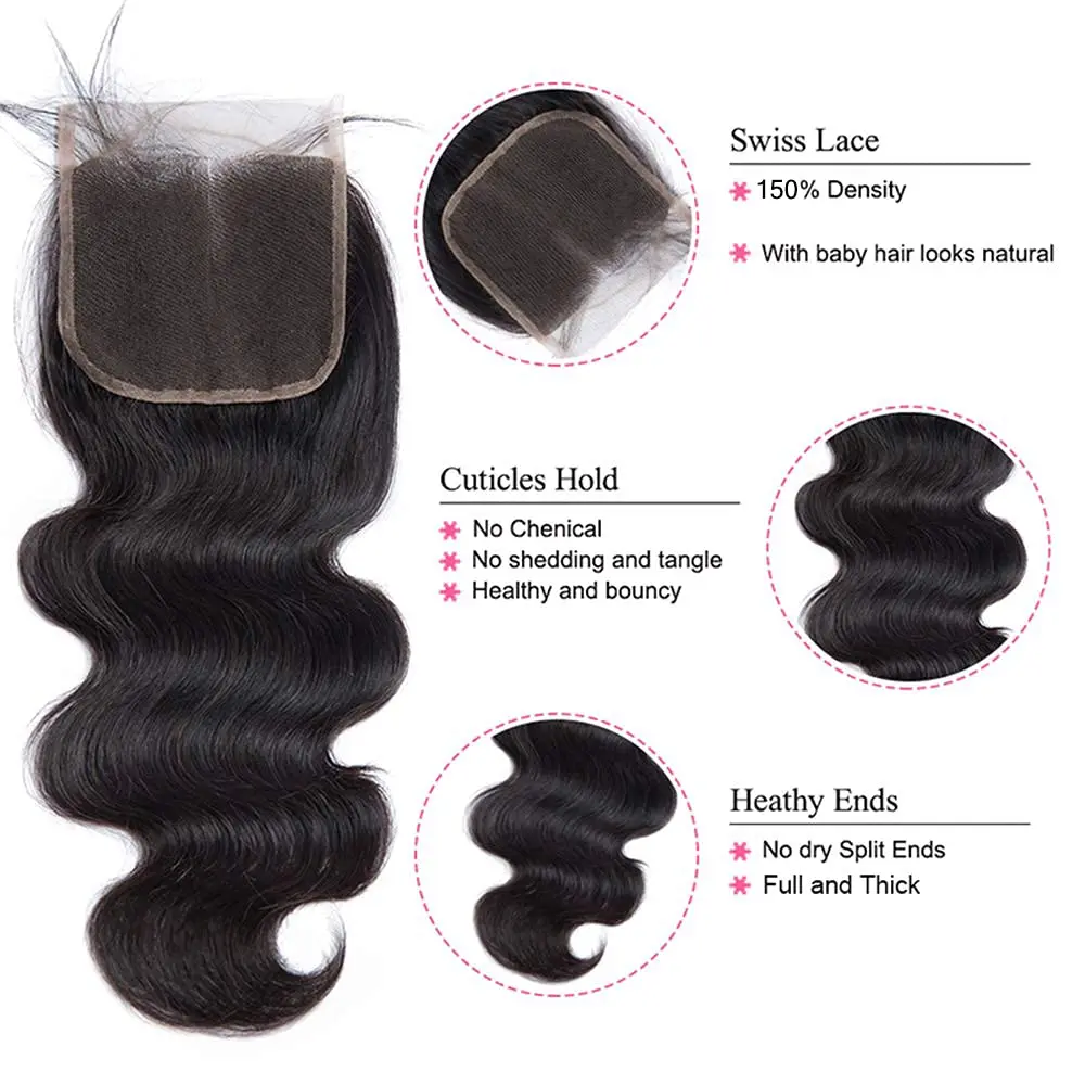 Body Wave Bundles with Closure Brazilian Human Hair 3 Bundles with 4x4 HD Transparent Lace Closure Natural Color 3 Bundles Hair