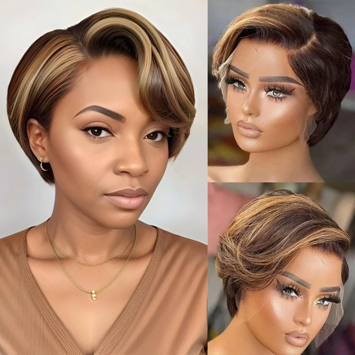 Pixie Cut Short Bob Wigs Human Hair 13x4 Straight Wig Transparent Lace Frontal Wig 180 Density Highlight Straight Pixie Cut Wig