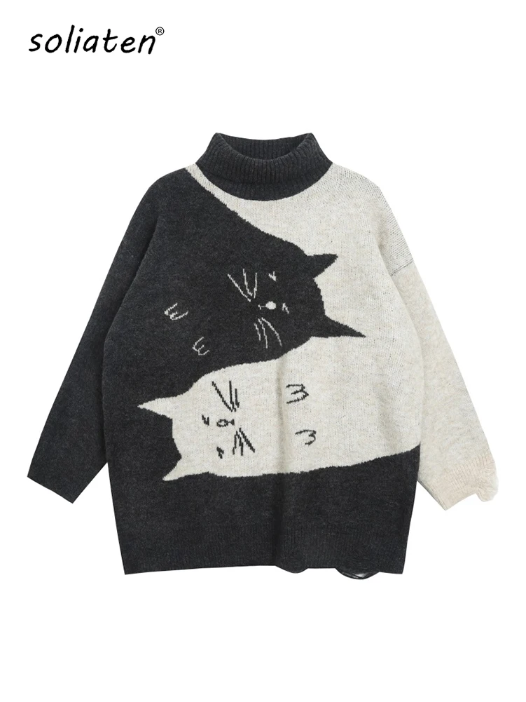 Women\'s Oversized Sweater Knitted Autumn Winter Turtleneck Cute Cat Print Knit Pullover Warm Sweaters for Women C-062