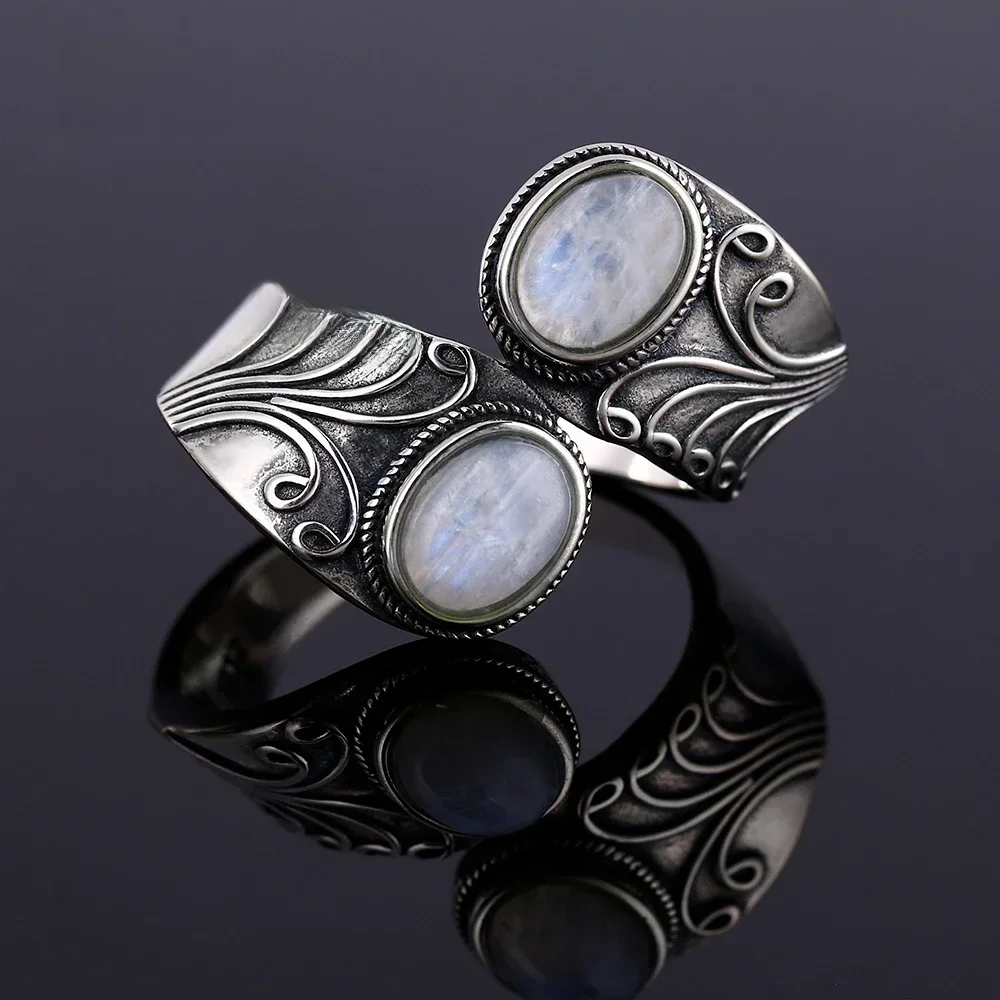 925 Sterling Silver Naturalny pierścionek z kamieniem księżycowym dla mężczyzn Kobiety Kreatywny projekt Drobna biżuteria Impreza Urodzinowa Prezent Akcesoria — zdjęcie 2