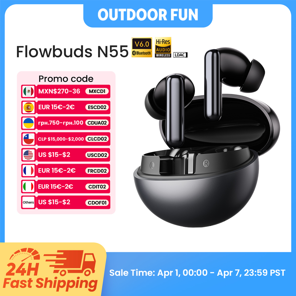  HAYLOU Flowbuds N55 Wireless Earbuds 54dB Adaptive ANC Bluetooth 6.0 LDAC Hi-Res Audio 6-Mic HD Call Earphones 40H Playback IPX5 