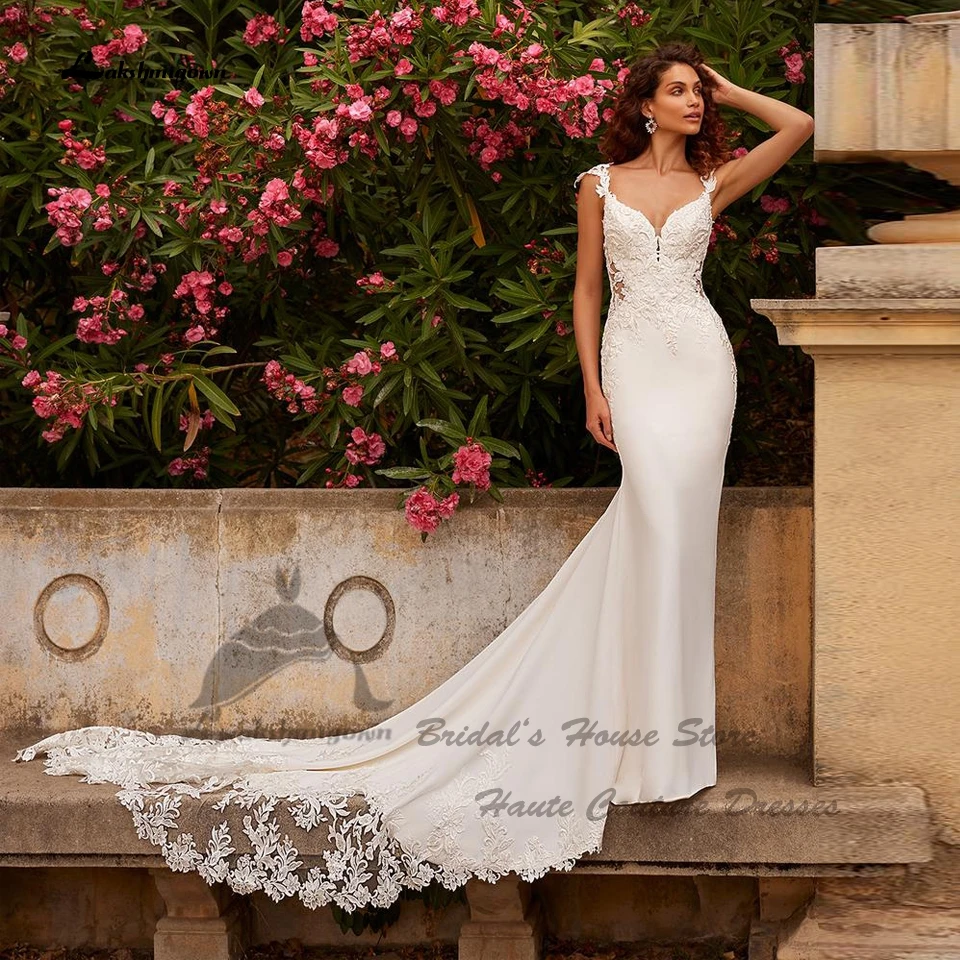 Lakshmigown Vintage Krepp Meerjungfrauen-Brautkleid mit Spitzenärmeln 2026 Sexy Damen Boho Strand-Brautkleid mit langer Schleppe – Detail 3