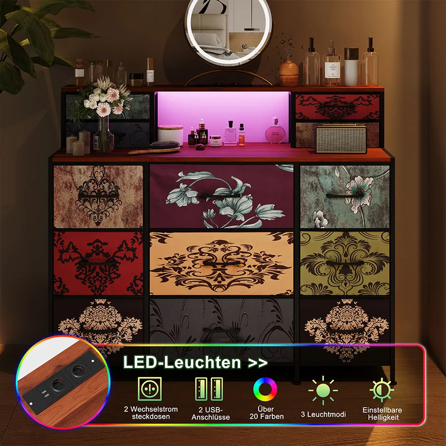 طاولة تزيين Anajqaqia 109.2x28x97.3 سم، خزانة تخزين قماشية مع شحن USB، مع إضاءة LED و13 درجًا #4