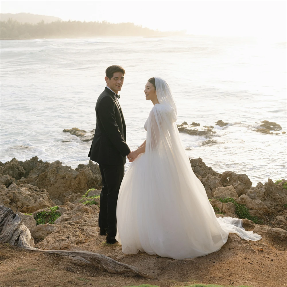 20090# Unique O-Neck Pleat Tulle A-line Wedding Dress For Bride Boho Sleeveless Bridal Gown With Cloak