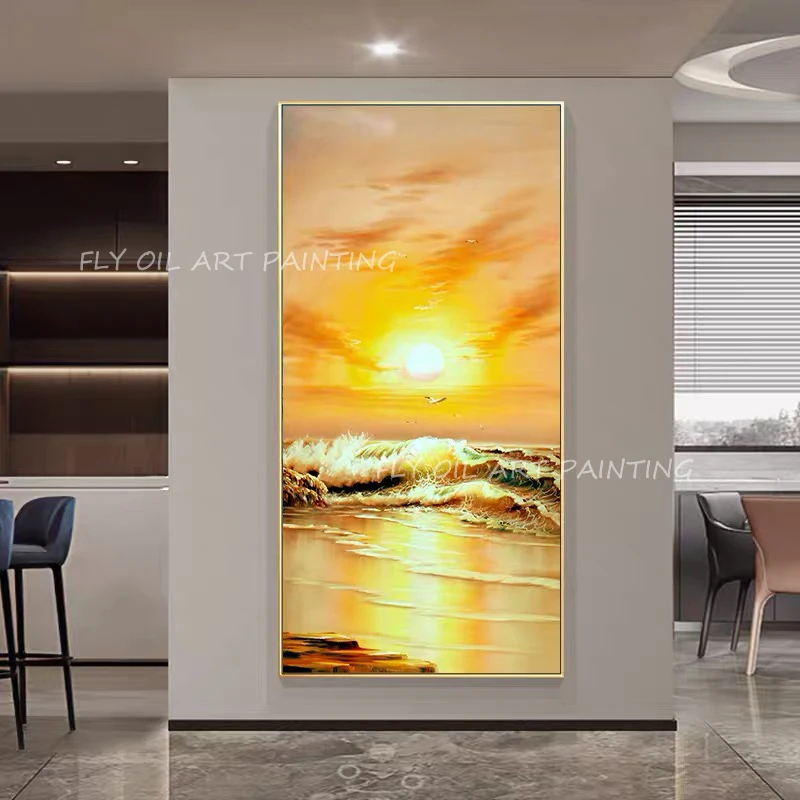 

Hand-painted ocean sea with sunset thick knife landscape picture large size Oil Painting on Canvas Wall Art as a gift unframe