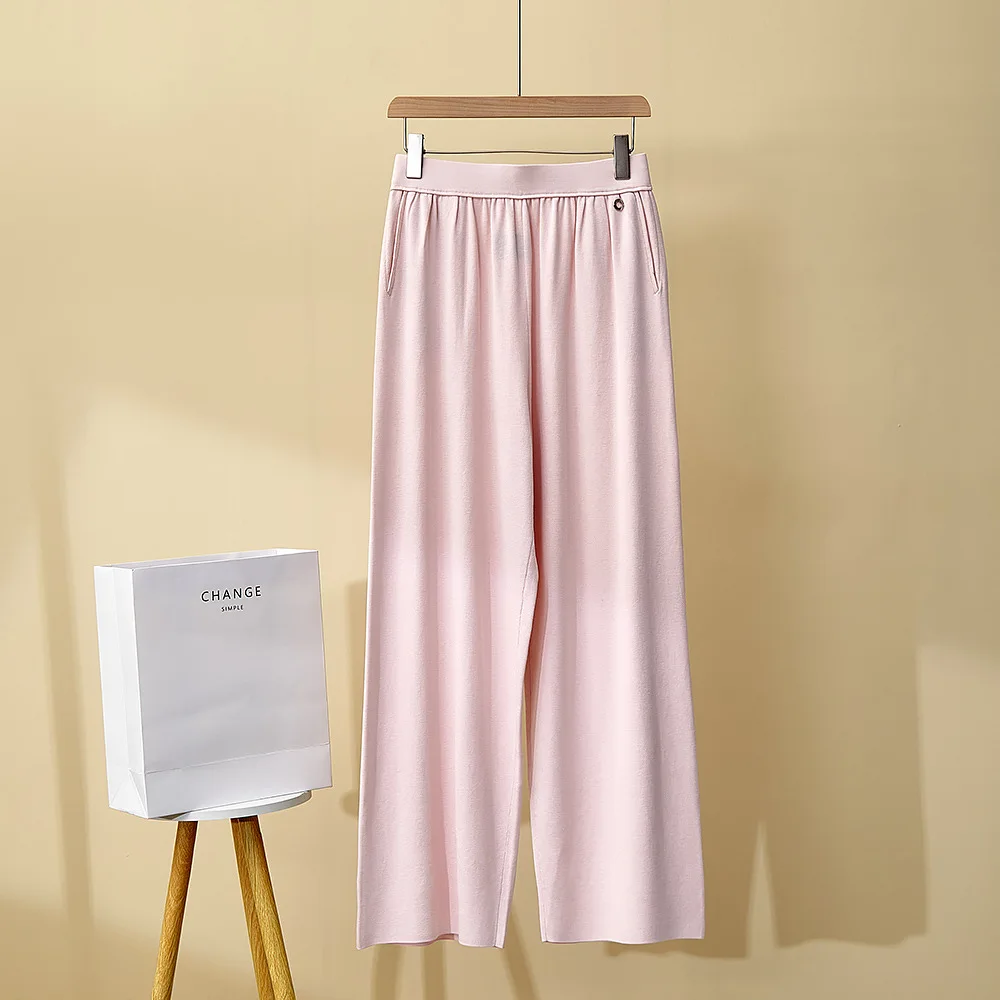 2025 Pantaloni a gamba larga in cotone di seta nuovi primavera/estate da donna, pantaloni dritti lavorati a maglia a vita alta casual tutto-fiammifero