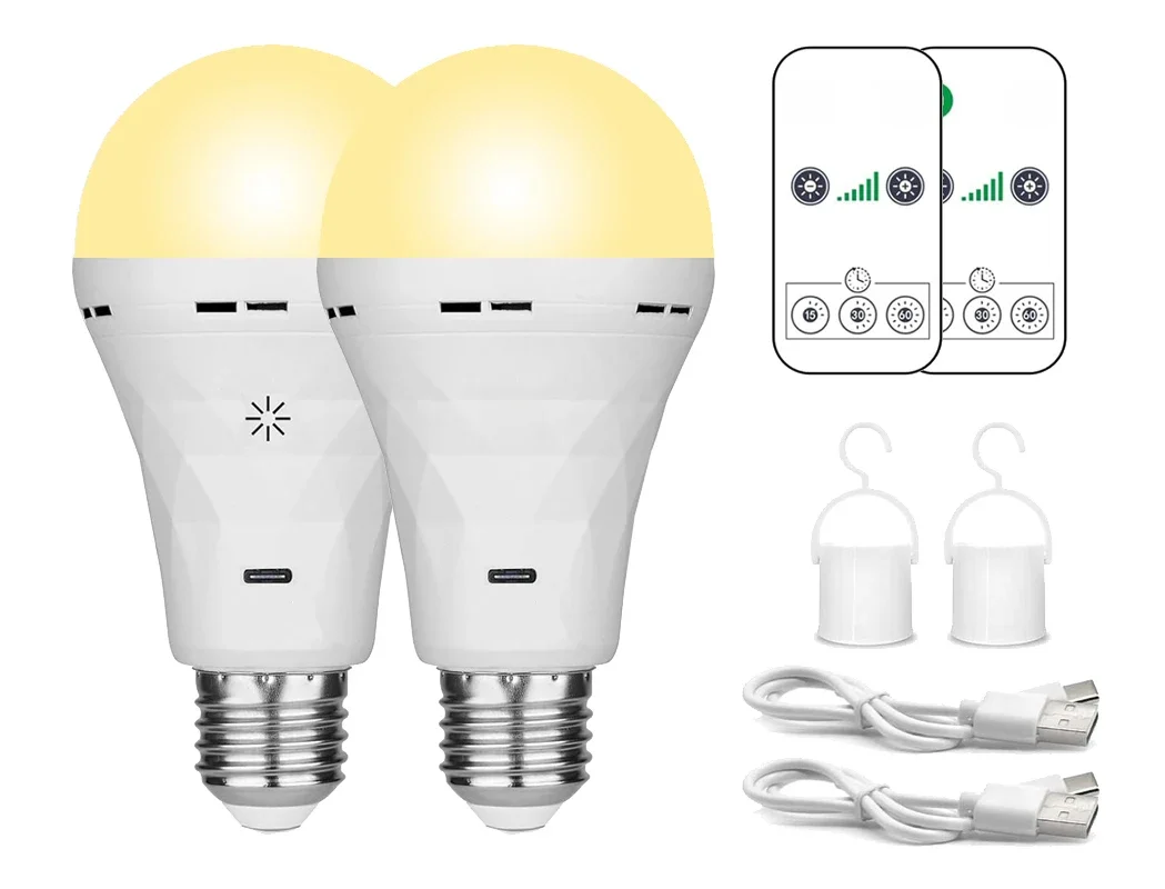 Żarówka LED USB, żarówki z możliwością ładowania E27, żarówki awaryjne ciepłe z możliwością ściemniania czasowego do bezprzewodowego kinkietu ściennego, (2 sztuki) — zdjęcie 2