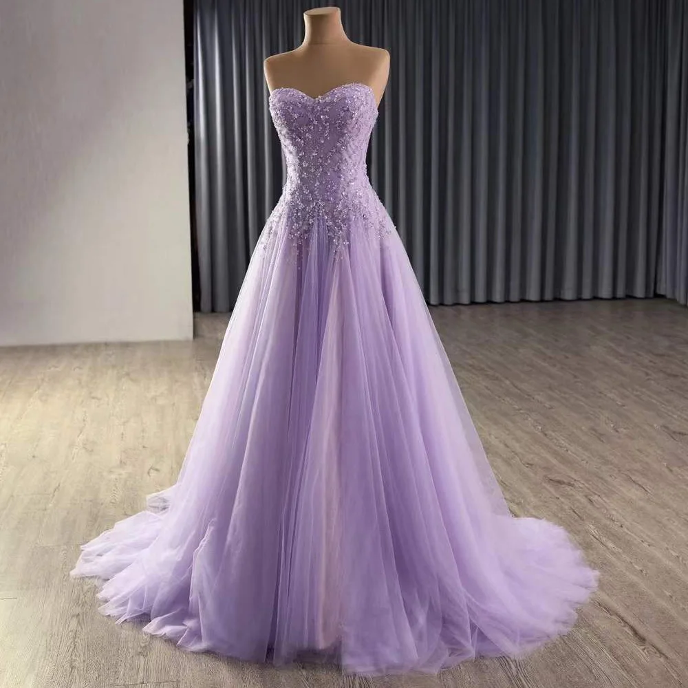 Purple Lilac Evening Dresses Sweetheart Neckline Beading Lace A Line Woman Prom Dress 2026