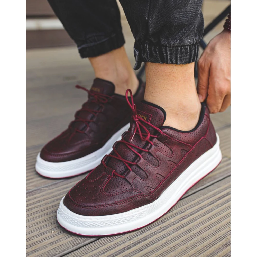 FOH Store Sneakers for Men Women BURGUNDY Artificial Leather 2023 Spring Autumn Casual Lace Up Fashion Shoes High Base Sport Comfortable Light Vulcanized Daily Original Odorless Orthopedic Suits Office Wedding 040