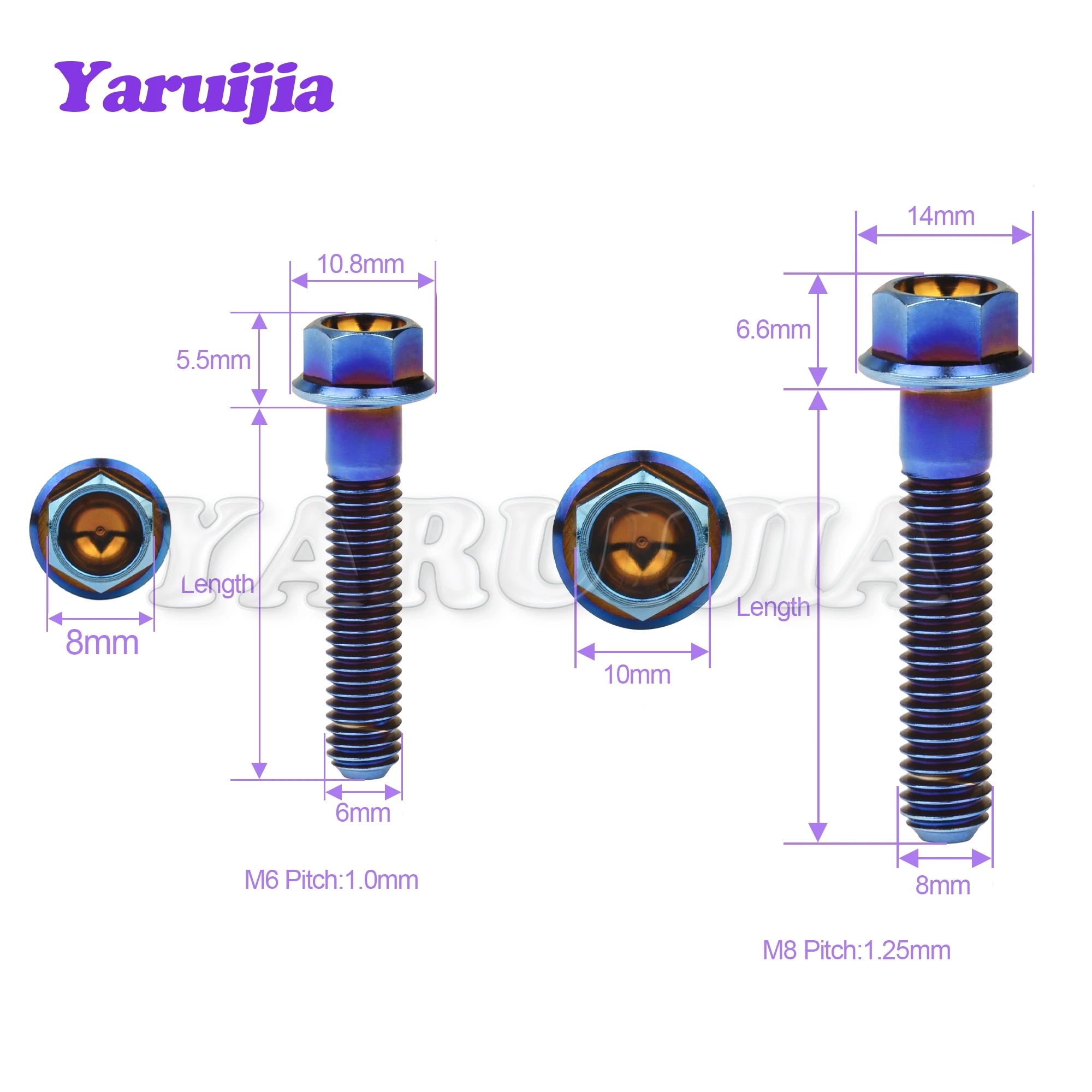 Yaruijia Titanium Bolt M6/M8x10/15/20/25/30/35/40/45~100mm  Flange Hex Head Screws for Bicycle Motorcycle Car Modification