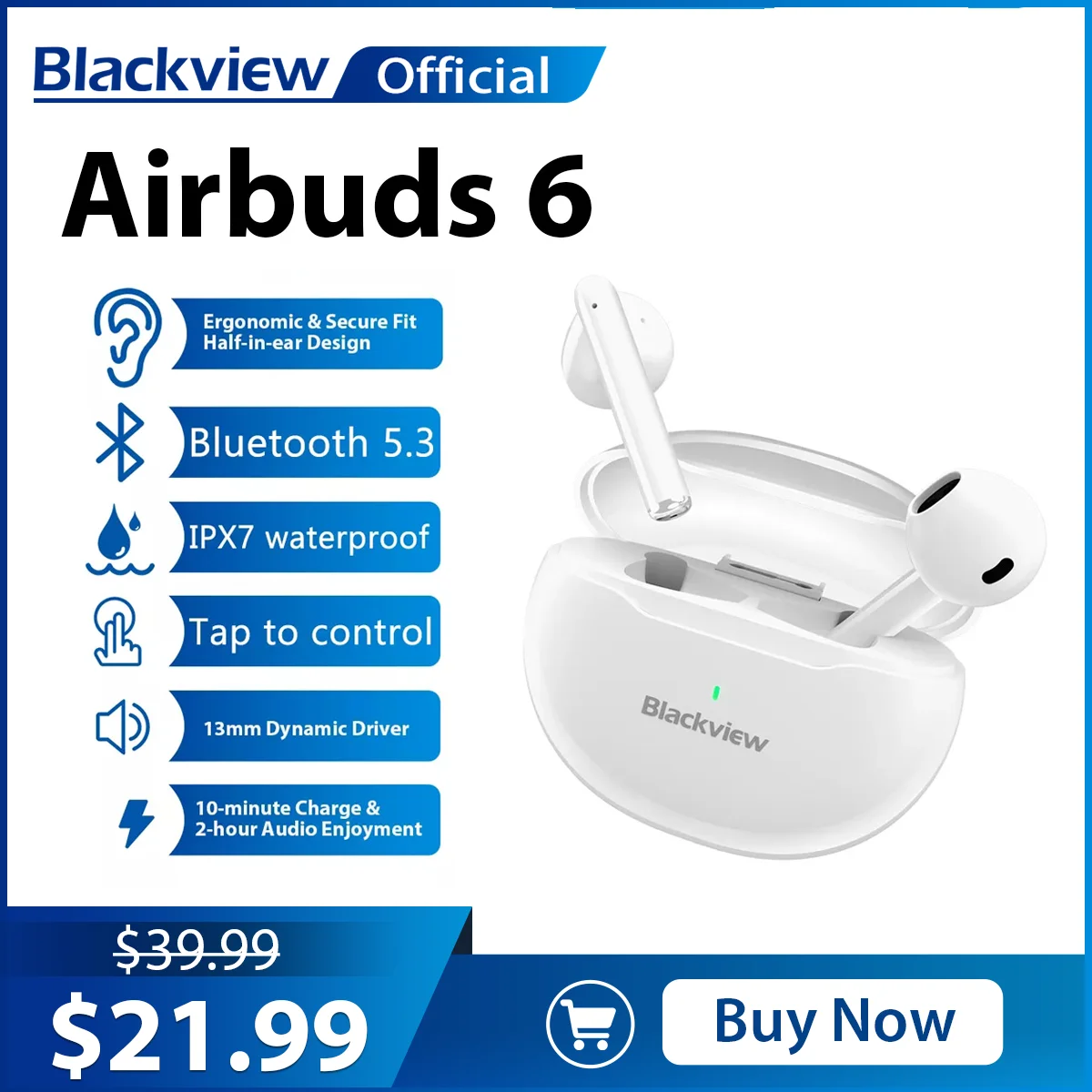 Blackview Airbuds 6 New TWS Wireless Earphone Bluetooth 5.3 Stereo Bass Earbuds Touch Control Hedset With Mic Headphones