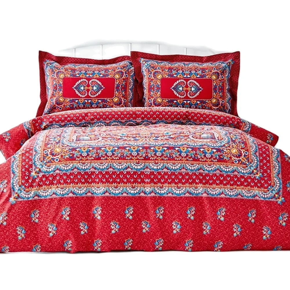 Red Duvet Set Ethnic Patterned Traditional Blue Yellow Sheets 2 Pillow Cases Bedroom Decoration Home Dowry