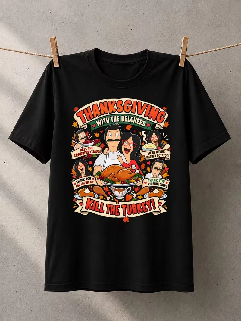Thanksgiving Cartoon Family Graphic T-Shirt Kill The Turkey Turkey Dinner Print Short Sve Crew Neck Tee Unisex T-Shirt