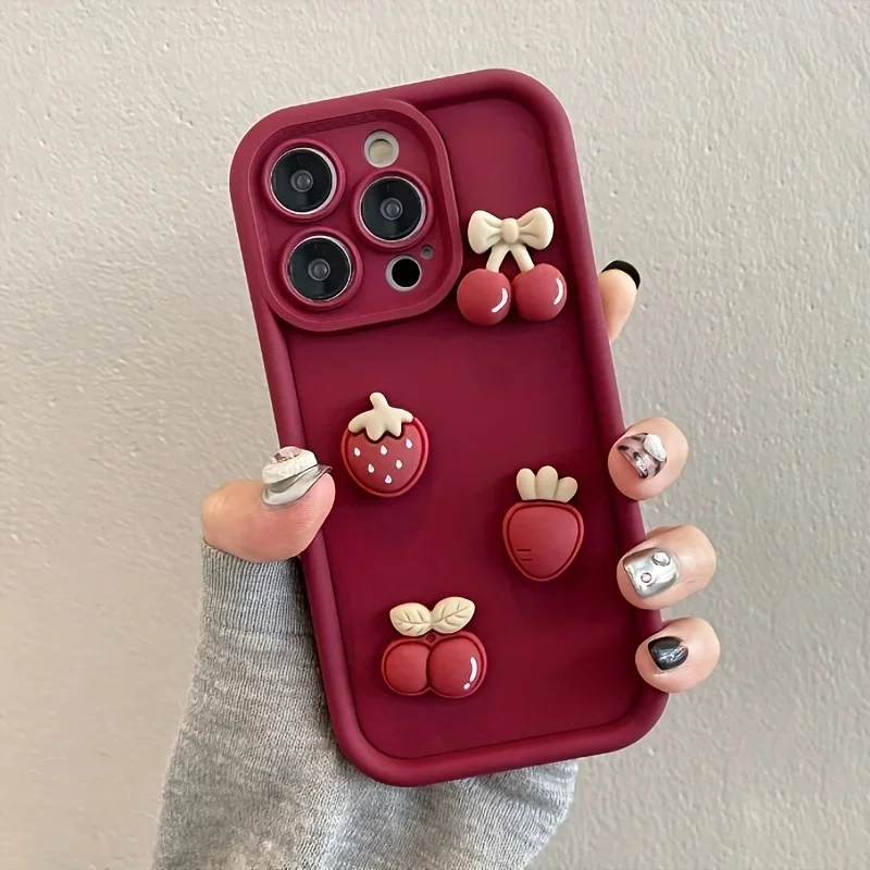 Coque de téléphone coréenne 3D rouge fraise cerise, étui souple pour iPhone 17 16 15 14 13 12 11 Pro Max 16E 17Air X XR XS 7 8 Plus