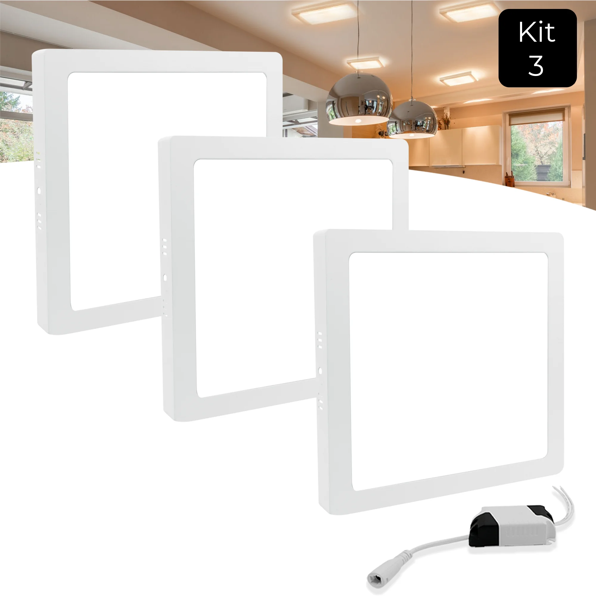 Kit 3 Plafon Overboard Panneau Led 18W Carré Lumière Chaude 3000K