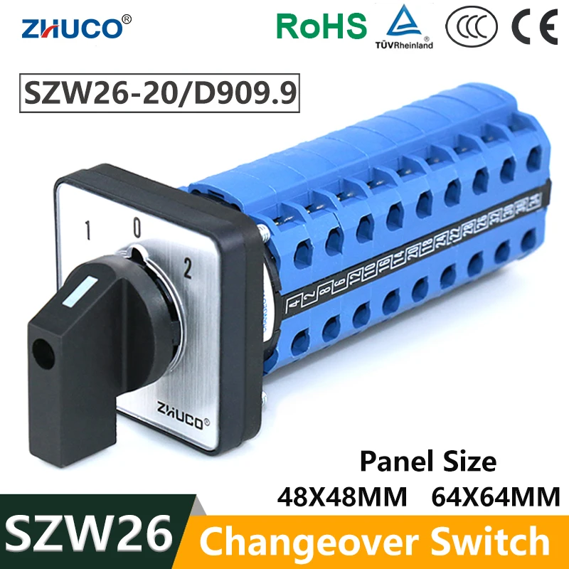 ZHUCO SZW26/LW26-20 3 Position 9 Poles 36 Terminals 20A Transfer Changeover Cam Universal Selector Switch 64X64 48X48 MM Panel