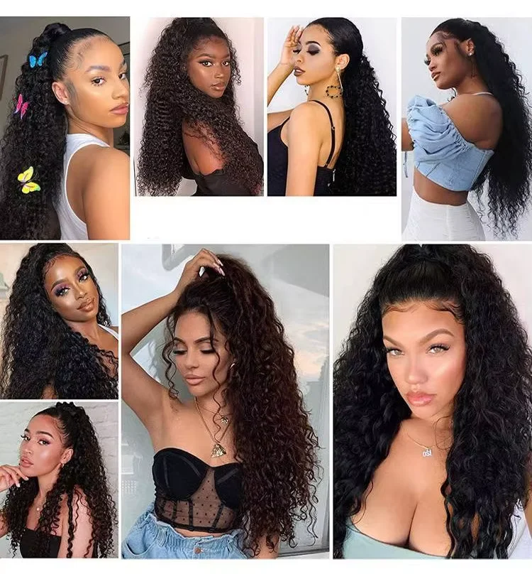 포니테일 인모 연장 딥 웨이브 헤어 드로스트링 포니테일 # 여성용 1B 내추럴 블랙 포니테일 인모 헤어 익스텐션