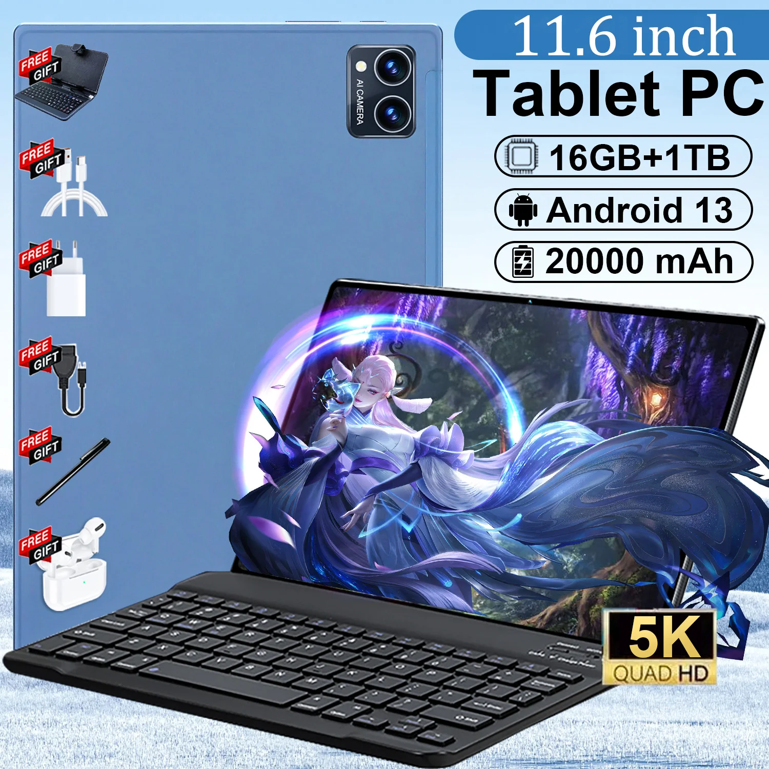 Tableta 5G HD de 2024 pulgadas, tablet con android 16GB de RAM + 1TB de ROM, 5MP + 13MP, red 11,6 mAh, Android 20000, Wifi, Bluetooth, versión Wifi