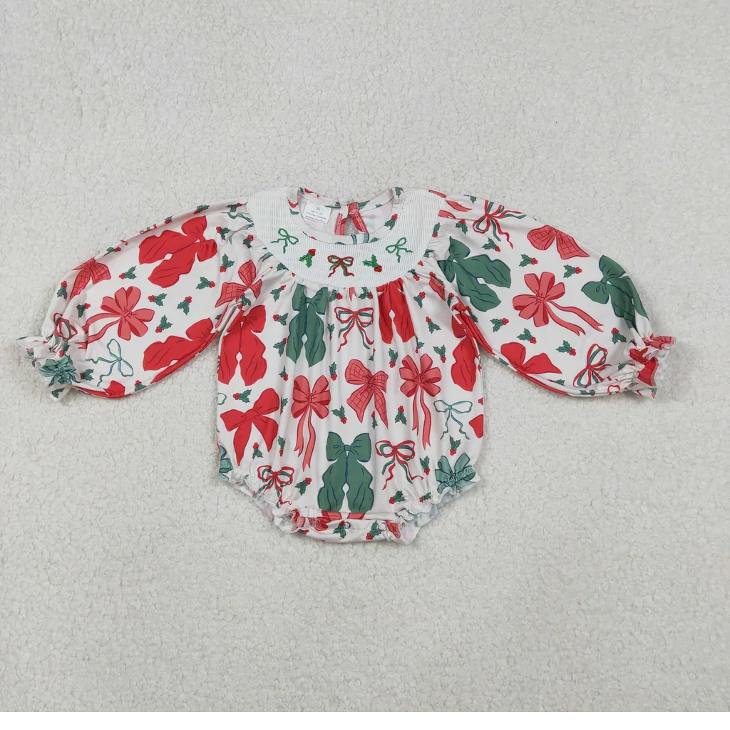 

LR2217 Christmas Coquette Bows Smocked Baby Girls Bubble Romper
