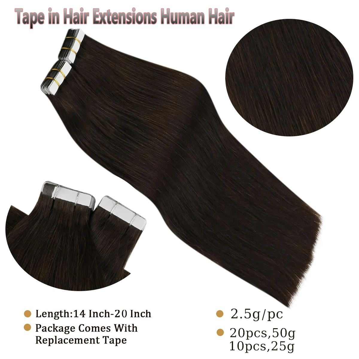 100% Human Hair Tape in Hair Extensions Silky Straight Remy Hair Extensions for Women to Add Hair Volume&Length Natural Look