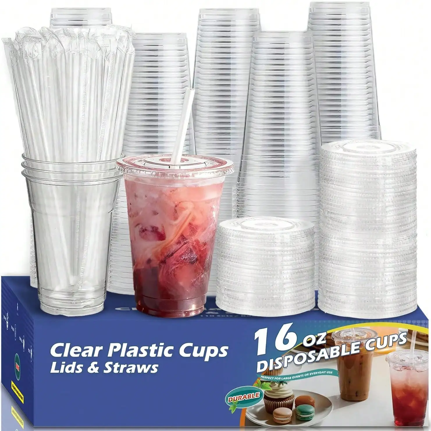 300PCS Plastic Cup Coffee Cup Set, 16 Ounce/480ml (100PC Cups+100PC Lids+100PC Straws), With Straw And Lid, Transparent Coffee Cup, Suitable For Party Gathering, Wedding, Birthday, Commercial Use Cup