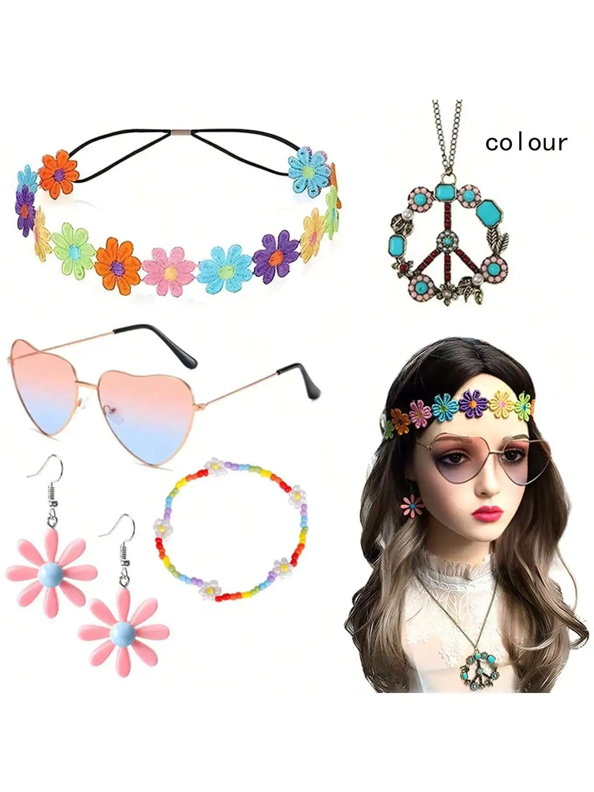 6 Pieces Hippie Accessory Set includes Peace Sign Bead Necklace, Flower Crown Headband, Hippie Sunglasses Party Costume for Wome