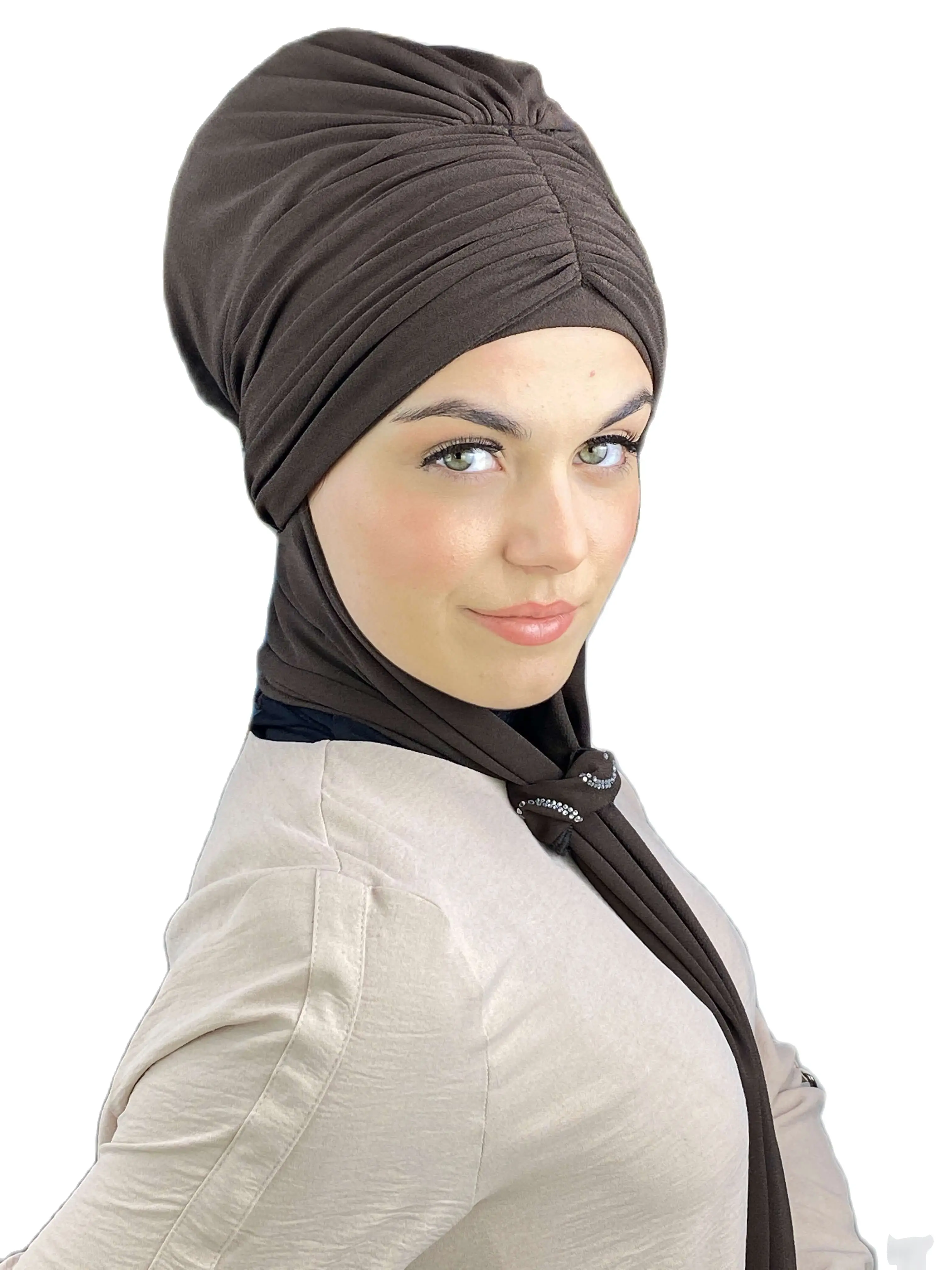 2023 New Fashion Hijab Ready Made Turban Woman\'s Hat Cancer Kemo Beret Beanie Foulard Chiffon Scarf Pleated Brown Cap Shawl