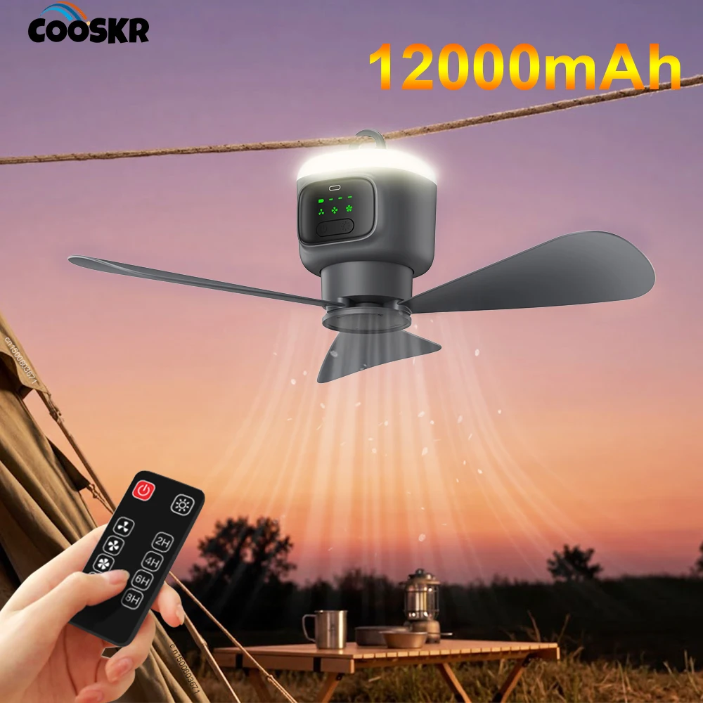 12000mAh Rechargeable Ceiling Fan Outdoor Tent Hook Wireless Ceiling Fan Portable Air Circulation Camping Fan with Light Remote