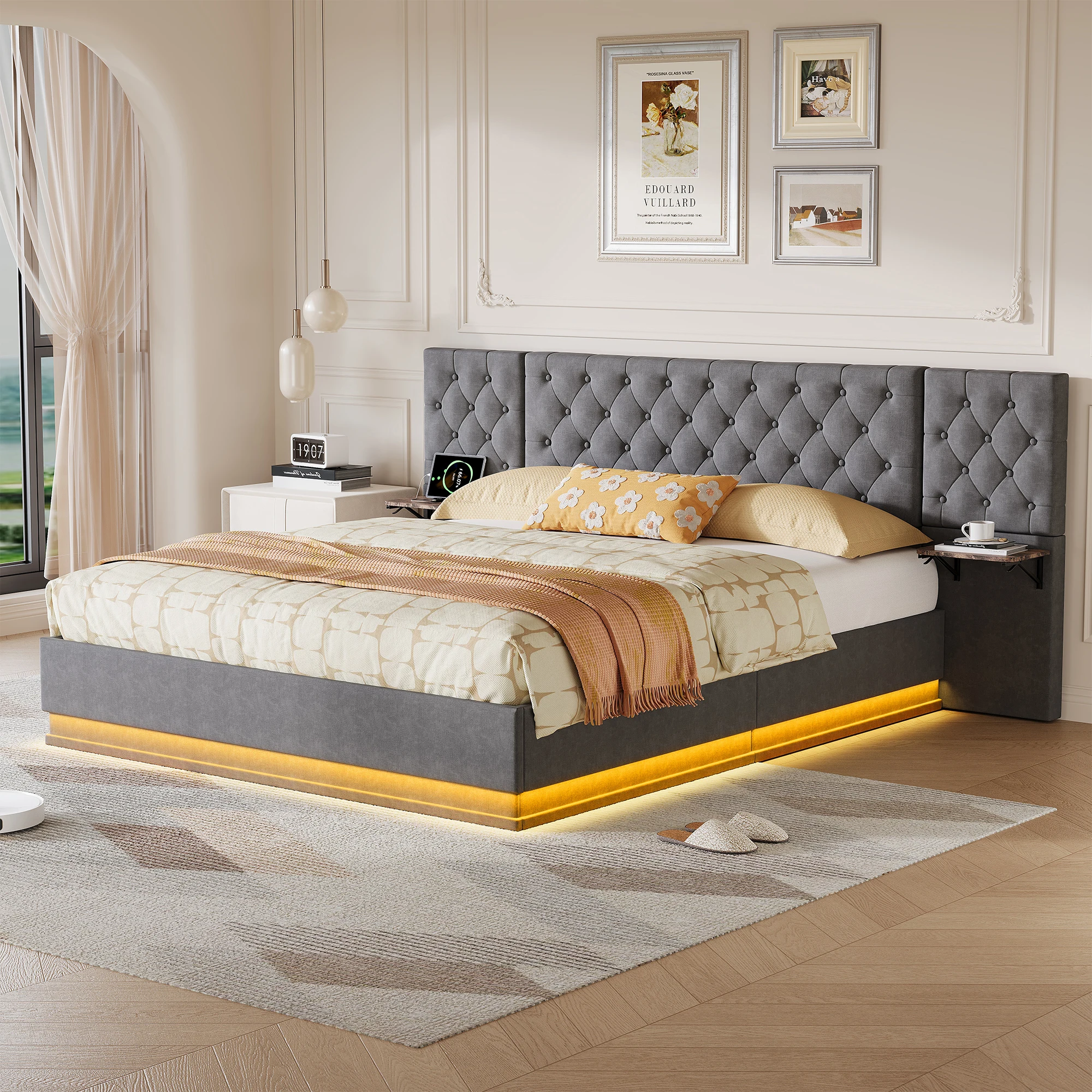 Lit double Superaly, 160×200cm, lit avec rangement, lit capitonné, cadre de lit avec vérin à gaz et tête de lit capitonnée surdimensionnée, lit plateforme gain de place pour chambre à coucher, lin, gris